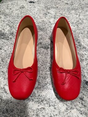 J. Crew Bright Red Leather Ballet Flats with Bow